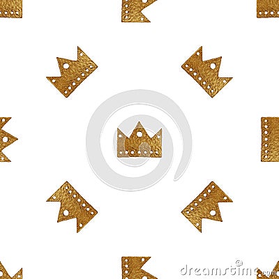 Crown pattern. Hand painted seamless background. Vintage gold illustration. Cartoon Illustration