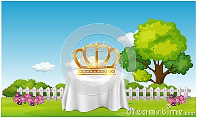 Crown is placed on a table in the garden Vector Illustration