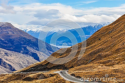 Crown Range Road near Queenstown in Southern Lakes, New Zealand Stock Photo