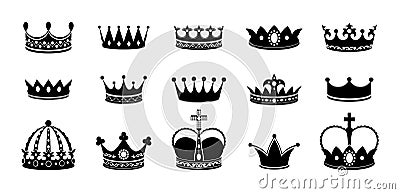 Crown silhouette icon set. Collections of queen tiara. Emperor crowns silhouette. King diamond coronation crowning Vector Illustration