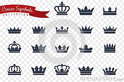 Crown symbols. King queen crowns monarch imperial coronation princess tiara crest luxury royal jewel winner award flat Vector Illustration