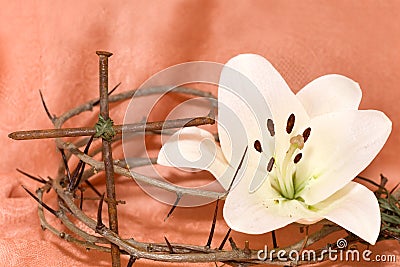 Crown of Thorns, crucifix and white Lily Stock Photo
