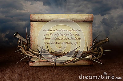 Crown of Thorns Nails and Scripture Stock Photo