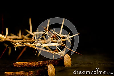 Crown of thorns and nails symbols of the Christian crucifixion in Easter Stock Photo