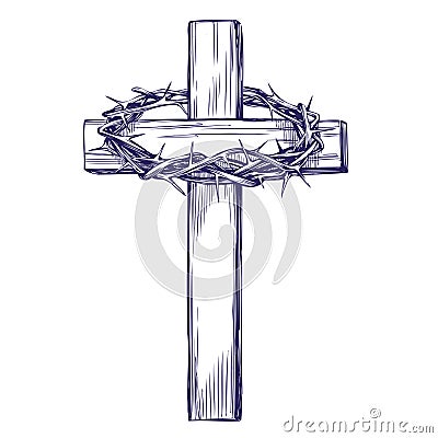 Crown of thorns, wooden cross. Easter . symbol of Christianity hand drawn vector illustration sketch Vector Illustration