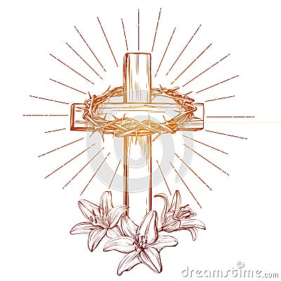 Crown of thorns, wooden cross and floral blooming lilies, Easter . symbol of Christianity hand drawn vector illustration Vector Illustration