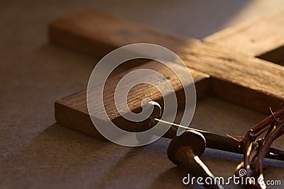 Crown of thorns, wooden cross and nails. Passion Of Jesus Christ concept Stock Photo
