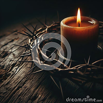 The crown of thorns worn by Jesus, illuminated by a single candle on wooden surface Stock Photo