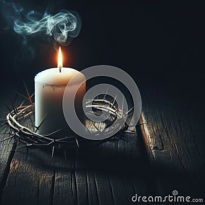 The crown of thorns worn by Jesus, illuminated by a single candle on wooden surface Stock Photo