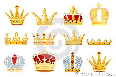 Crown vector golden royal jewelry symbol of king queen and princess illustration sign of crowning prince authority set Vector Illustration