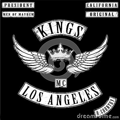 Crown wings illustration Kings motorcycle club quote tee graphic ink style sign art set home textile print sticker design Vector Illustration