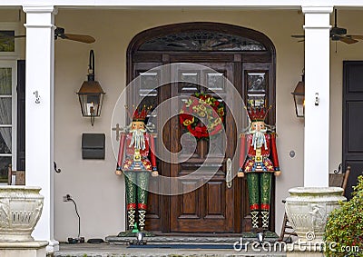 Crowned and bearded Nutcrackers standing guard protecting a house in Dallas, Texas Stock Photo