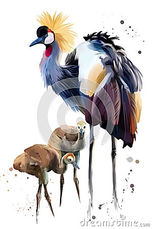 Crowned crane and Chicks Stock Photo