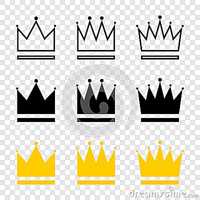 Crowns collection. Crown in different styles. Crowns isolated on transparent background. Crown vector icons. Vector illustration Vector Illustration