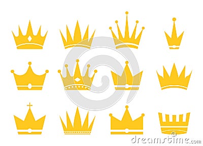 Crowns for king, queen, princess and prince. Gold icons for royal decoration. Silhouette of golden crown is symbol wealth and Vector Illustration