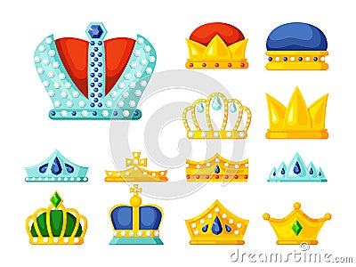 Crowns. luxury monarch symbols of power golden diadem and crowns for kings and princes royal heraldry decoration. vector Vector Illustration