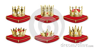 Crowns on pillow. Realistic 3D golden king and queen headdress collection, luxury medieval monarch set. Vector isolated Vector Illustration