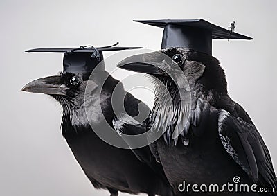 crows with graduation cap on white background Stock Photo