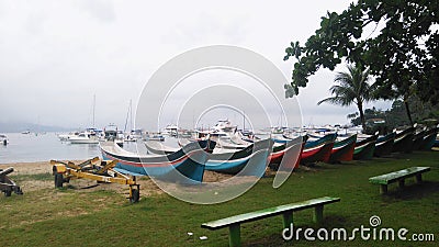 Boat, beach, rainy day datail Ilha Bela, Sao Paulo Editorial Stock Photo