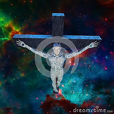 Crucified Cyborg in Space Stock Photo