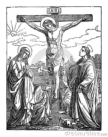 Crucified Jesus Christ Dies on the Cross. Bible, New testament. Vintage Antique Drawing Vector Illustration