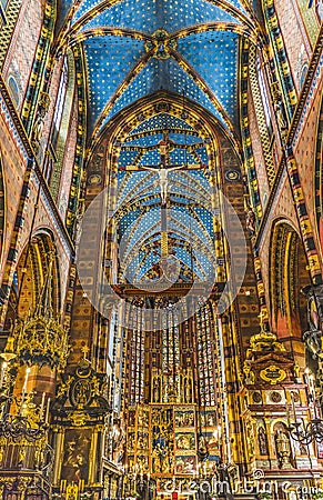 Crucifix Altar Ceiling St Mary's Basilica Church Krakow Poland Stock Photo