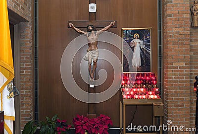 Crucifix altar at Saint Theresa Church in the Bronx Editorial Stock Photo