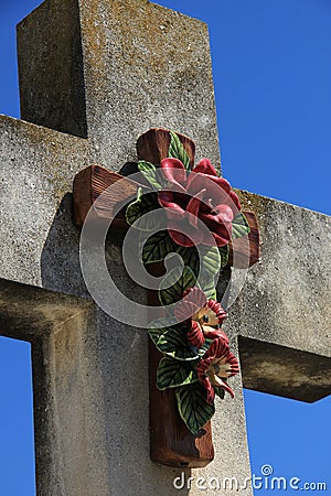 Crucifix with ceramic flowers Stock Photo