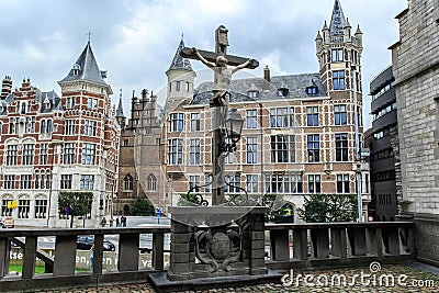 Crucifix located in the Het Steen Castle in Antwerp, Belgium Editorial Stock Photo