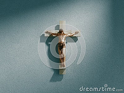 Crucifix on wall in spotlight inside old dark church or cathedral. Jesus Christ on cross. Religion, belief and hope Cartoon Illustration