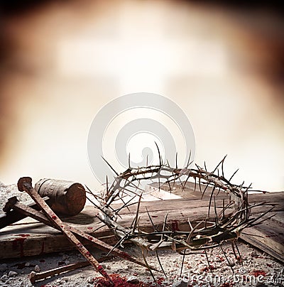 Crucifixion Of Jesus Christ - Cross With Hammer Bloody Nails And Crown Stock Photo