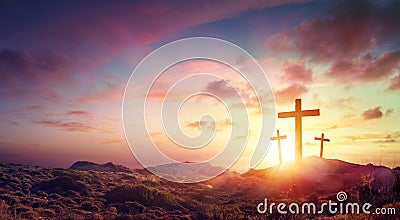 Crucifixion Of Jesus Christ Three Crosses On Hill Stock Photo