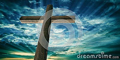 Crucifixion of Jesus Christ, wooden cross, sky at sunset background. 3d illustration Cartoon Illustration