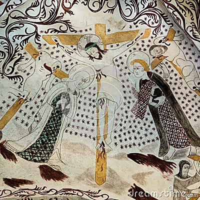 Crucifixion of Jesus on Good Friday. A gothic fresco Editorial Stock Photo