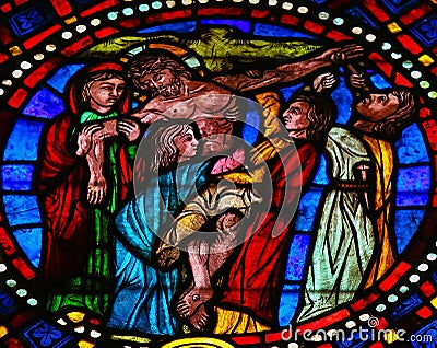 The Crucifixion of Jesus - Stained Glass in Leon Cathedral Stock Photo