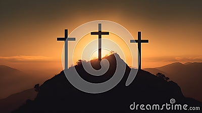 crucifixion, religion and christianity concept - silhouettes of three crosses on calvary hill on golden suset sky background, Stock Photo