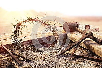 Crucifixion At Sunset - Cross With Crown Of Thorns Hammer Stock Photo