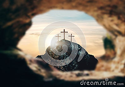 Crucifixion of Jesus Christ, three crosses on hill, 3d rendering Stock Photo