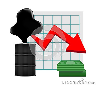 Crude oil with falling graph and dollars symbol red arrow isolated on white background, black crude oil drop and spill, icon Vector Illustration