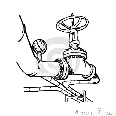 Crude oil or liquid gas transportation pipeline with a faucet and manometer on it. Vector Illustration