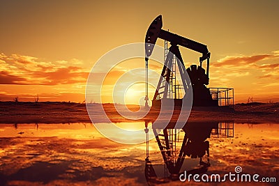 Crude oil Pumpjack on oilfield on sunset. Stock Photo
