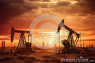 Crude oil Pumpjack on oilfield on sunset. Stock Photo