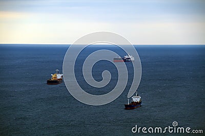 Crude oil tankers and liquefied petroleum gas. Waiting for loading in the port of Novorossiysk on the Black Sea Stock Photo