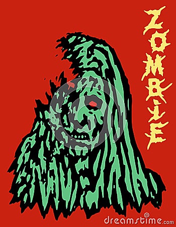 Cruel green face of zombie woman. Vector Illustration