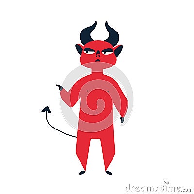 Cruel red devil with horns and tail pointing finger on something vector flat illustration. Haughty cartoon monster Vector Illustration