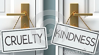 Cruelty and kindness as a choice - pictured as words Cruelty, kindness on doors to show that Cruelty and kindness are opposite Cartoon Illustration