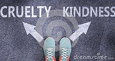 Cruelty and kindness as different choices in life - pictured as words Cruelty, kindness on a road to symbolize making decision and Cartoon Illustration