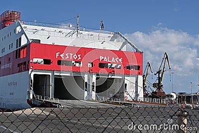 Cruise ferry Festos Palace with red and white hull is flagship of the Minoan Lines and is moored in port of Heraklion in Crete. Editorial Stock Photo