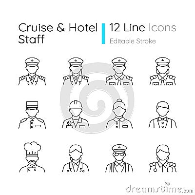 Cruise and hotel staff linear icons set Vector Illustration