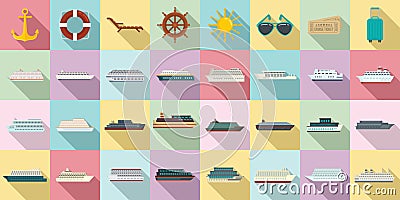 Cruise icons set, flat style Vector Illustration